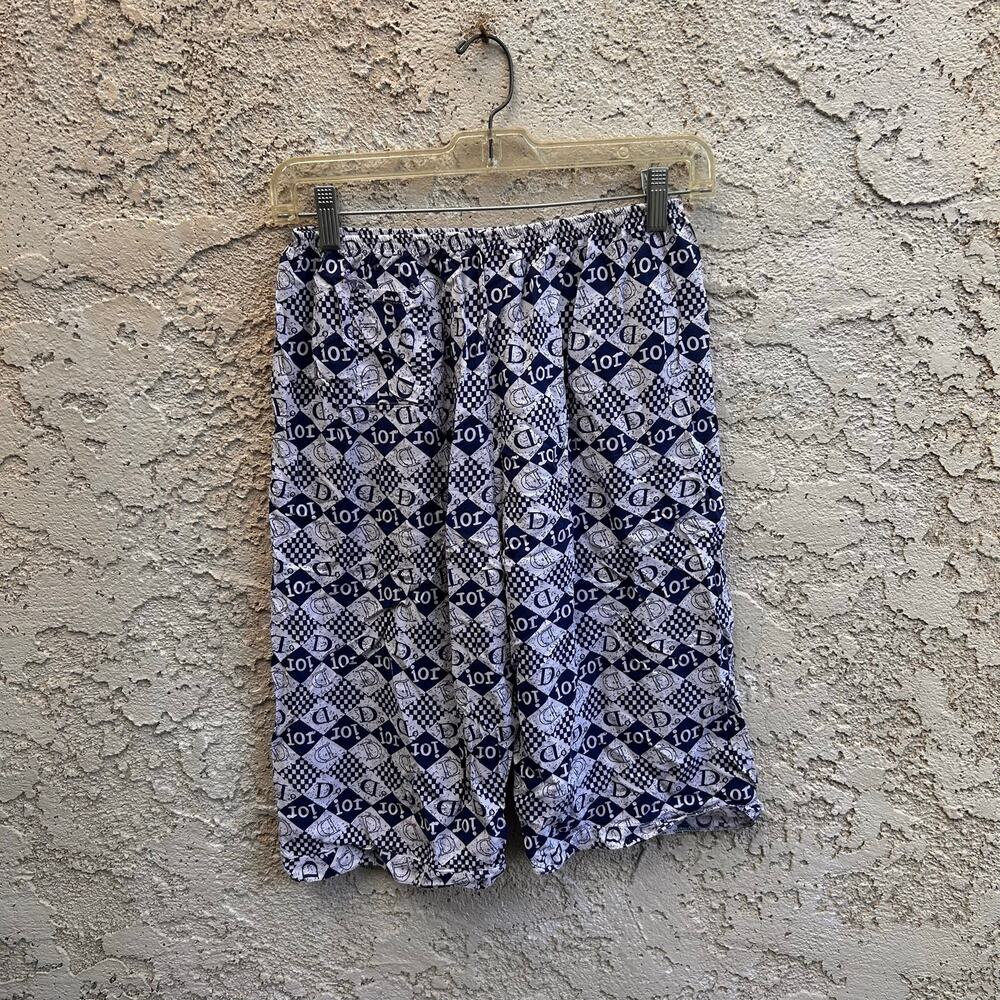 Faux Designer Monogram Checker Print Bermuda Shorts Navy White XS